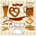 Beer Set with beer glasses, pretzel, sausages