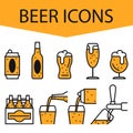 Beer. Set of beer icons. The heady drink in various capacities. Can, bottles, glasses. Pouring beer into a glass. Vector