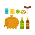 Beer set. Craft brewing. Barrel and bottle. A mug of beer and hops. Sausage and pretzel