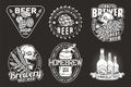 Beer set of designs with beer cap, can, hop, skeleton and bottle. Skull, beer glass, barly, bone hand and bottle for