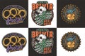 Beer set of emblems with skull and hop, bottle cap and pretzel for brewery or bar. Craft beer vector logo for pub and