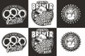 Beer set of emblems with skull and hop, bottle cap and pretzel for brewery or bar. Craft beer vector logo for pub and