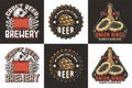 Beer set of emblems with skull and hop, cap. Skeleton with beer can in bone hands, beer bottle and onion ring for