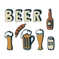 Beer set with lettering, glass of beer, sausage, can of beer, bottle, hand drawing doodling, stylized, isolated, on a Royalty Free Stock Photo