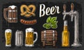 Beer set with tap, class, can, bottle, barrel, sausage, pretzel and hop. Vintage vector engraving illustration for web, poster.