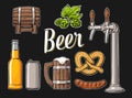 Beer set with tap, class, can, bottle, barrel, sausage, pretzel and hop.