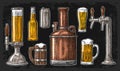 Beer set with tap, class, can, bottle and tanks from brewery factory.