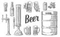 Beer set with two hands holding glasses mug and tap, can, keg, bottle.