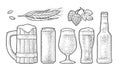 Beer set with wood mug, glass, can, hop, bottle. Engraving Royalty Free Stock Photo