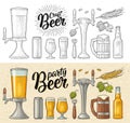 Beer set with wood mug, tap, glass, hop, bottle. Engraving Royalty Free Stock Photo