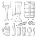 Beer set with wood mug, tap, glass, hop, bottle. Engraving Royalty Free Stock Photo
