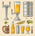 Beer set with wood mug, tap, glass, hop, bottle. Engraving Royalty Free Stock Photo