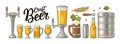 Beer set with wood mug, tap, glass, hop, bottle. Engraving Royalty Free Stock Photo