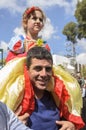 Beer-Sheva, ISRAEL - March 5, 2015: Girl in dress Disney Snow White on the shoulders of a smiling father against the sky - Purim Royalty Free Stock Photo