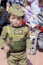 Beer-Sheva, ISRAEL - March 5, 2015:One year old kid in the costume of an Israeli soldier Golani with makeup -Purim