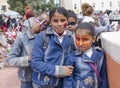 Beer-Sheva, ISRAEL - March 5, 2015: Three teenage girls and a boy in denim dress with carnival makeup on their faces Purim