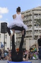 Beer-Sheva, ISRAEL - March 5, 2015:Two men, clowns, gymnasts, one of them in a tutu on the open stage -Purim Royalty Free Stock Photo