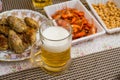 Beer, shrimp, pea, and other appetizers