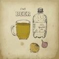 Beer sketch vector elements. Drawing hand drawn items, beer bottle and mug, bitter hop, vintage wheat ingredients for