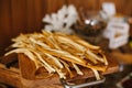 Beer Snack Mix with Dried Salted Seafood Top View and Flat Lay on Stone Table. Wine Snacks Buffet such as Spicy Squid, Mussels, Royalty Free Stock Photo