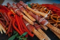 Beer Snack Mix with Dried Salted Seafood Top View and Flat Lay on Stone Table. Wine Snacks Buffet such as Spicy Squid Royalty Free Stock Photo