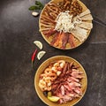 Beer Snack Mix with Dried Salted Seafood Top View Royalty Free Stock Photo