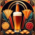 Beer and snacks, classic retro vintage art deco style illustration