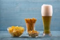Beer and snacks, chips, bread sticks and peanuts Royalty Free Stock Photo
