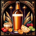 Beer and snacks, classic retro vintage art deco style illustration