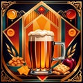 Beer and snacks, classic retro vintage art deco style illustration