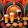 Beer and snacks, classic retro vintage art deco style illustration