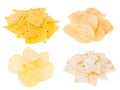 Beer snacks collection - crunchy potato chips, nachos, tortilla in heaps isolated on white background. Royalty Free Stock Photo