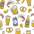 Beer with snacks seamless vector pattern. Foamy alcohol in a bottle, mug, glass, can. Delicious appetizer shrimp, chips, sausages Royalty Free Stock Photo