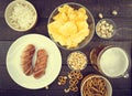 Beer and snacks set: chips, pistachio, pretzel, sausage, nuts an Royalty Free Stock Photo