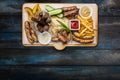 Beer snacks set. Grilled sausages and french fries with tomato and BBQ sauce, served on cutting board. Royalty Free Stock Photo