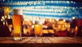 Beer stands in front of a Bavarian backdrop Royalty Free Stock Photo