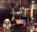 Beer taps in row at restaurant or pub Royalty Free Stock Photo