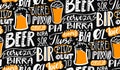 Beer text pattern on black board. Word beer in different languages. Italian birra, spanish cerveza, macedonian pivo