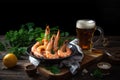 beer and tiger shrimp prawns, the perfect pairing for a summer evening