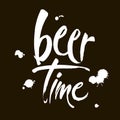 Beer Time.Illustration for web, poster, invitation to party. Handwritten modern brush lettering on black background.