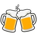 Beer toasting. Clinking glasses full of beer and splashed foam. Vector illustration