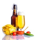 Beer and Tortilla-Chips on White Background Royalty Free Stock Photo