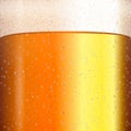 Beer with transparent bubble on mug. Yellow liquid 3d realistic vector illustration. Cold beer texture with condensate.