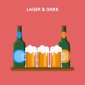 Beer types lager and dark bottles glasses flat style web vector