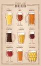 Beer types. A visual guide to types of beer. Various types of beer in recommended glasses