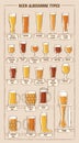 Beer types. A visual guide to types of beer. Various types of beer in recommended glasses Royalty Free Stock Photo