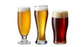 Beer variety, Three beers in different glasses isolated on white background Clipping path