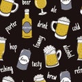 Beer in various containers seamless vector pattern. Alcohol in a mug, glass, can, bottle. Foamy drink on a black background. Hand Royalty Free Stock Photo