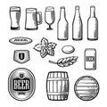 Beer vector flat icons set bottle, glass, barrel, pint