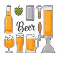 Beer vector flat icons set bottle, glass, barrel, pint